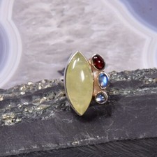 Prehnit Ring, 925er Silber, Edelsteinring (20767), mit Granat, mit Mondstein