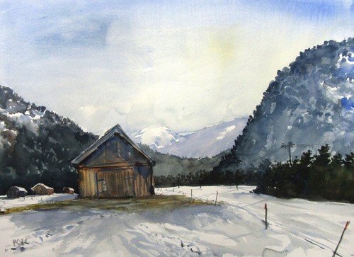 Landschaftsaquarell hütte - landschaftsaquarell,