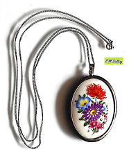 Porzellan Medaillon handbemalt, Bunter Strauß 800er Silber-Jugendstil- mit Kette