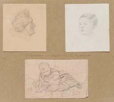 P. WINTERWERB (*1827), Porträtstudien, Kinder und Herr, Bleistift Romantik