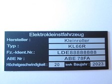 Schild Elektrokleifahrzeug Typenschild E Scooter E Roller Quad KFZ Bike Alu