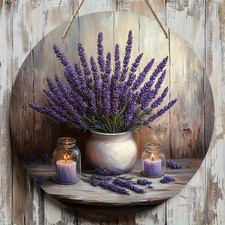 Runde Lavendel Holzplakette – Vintage Vase & Vogel, Florale Wanddeko