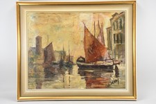 C25N03- Gemälde Segelboote im Hafen Italien (?) signiert E. Oddey