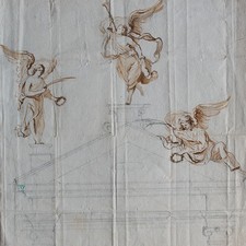 Zeichnung Barock Architektur italienisch Engel Entwurf Tusche unsigniert um 1700