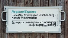 Zuglaufschild aus PVC, Sonderzug, RegionalExpress Halle (S) - Nordhausen - Eiche