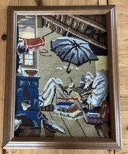 Gobelin Stickbild KarlSpitzweg "Der arme Poet" Echtholzrahmen Handarbeit Vintage