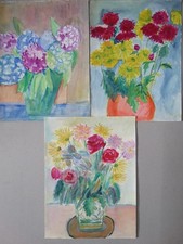 3 Blumenbilder - Aquarell - Sommerblumen Dahlien Hortensien Pfingstrosen 20. Jhd