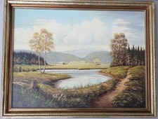 Im Allgäu - J. Schottner - sign. Ölbild Berglandschaft mit Teich und Birke -1962