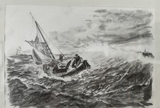 Zeichnung Meer Sturm Boot See Wellen Bleistift Original Kunst Unikat rar DinA4
