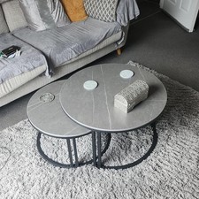 Couchtisch Rund Set aus Steinplatte 70/57cm Marmoroptik Grau Metallrahmen Modern