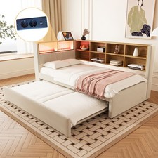 90x200cm Tagesbett mit Ausziehbett, Schlafsofa LED Polsterbett, Stauraum Regale