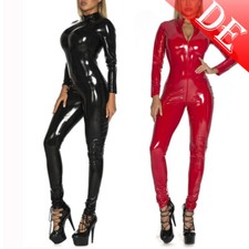 DE Frauen Wetlook Catsuit Bodysuit Leder mit Reißverschluss Ganzkörper Kostüm
