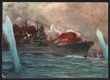 Künstler-AK Kriegsschiff Bismarck im Kampf vor Island gegen feindliche Übermach 