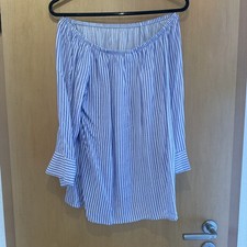 Bluse weiß Carmen M Blau Business bestickt Streifen Oberteil Top Damen Gestreift