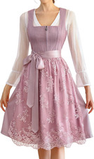 Dirndl Damen Trachtenkleid Midi Rosa 3-teilig Trachtenrock Langärmel Schürze Okt