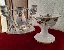 2 tlg. Porzellan-Set von "CHODZIEZ" : 3tlg. Kerzenleuchter & kl. Schale, Rosen