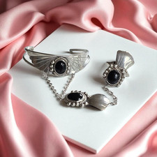 * Damen Sklavenarmband - Platte u. Ring * Onyx * Vintage * Silber 925 * (1411)