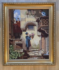 Gobelin Stick Wandbild Spitzweg Der Gratulant 1875 Handarbeit 61x52 goldgerahmt