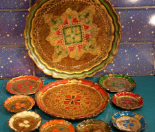 10x Florentiner Tablett ANTIK Holz Glas Flaschen Untersetzer ITALY  Topzustand