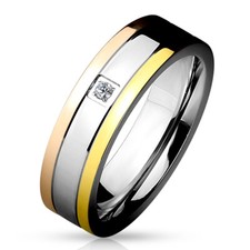 Edelstahl Herren Damen Ring Rosègold Silber "Triple" Ringe Band Zirkonia Rillen