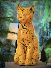 Keramik Katze Figur Skulptur, Handarbeit, gelb-schwarz, ca. 30 cm, Unikat!
