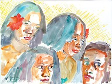 Mädchen Tahiti, Aquarell 1987 Michaela Krinner 1915-2006. Tahitianerinnen Insel