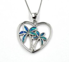 Anhänger Kette Silberkette synth.Opal Blau 925 PALME HERZ Sterling Silber
