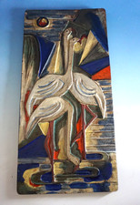 Vintage Kermos Wandbild Wandkeramik Wandplatte Flamingo Keramik groß (F025-1498)