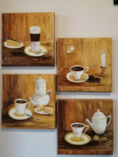 BILDER MIT KAFFEE MOTIV 20x20 cm HANDGEMALT ÖL AUF LEINWAND 4 STÜCK