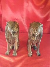 2 Alte Skulpturen Figuren Buchstützen Löwen Holz Geschnitzt Braun (4941)