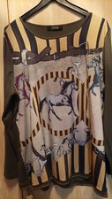 Damen Mädchen Shirt Bluse 44 Khaki Bunt Pferde Reiter Herbst Winter Top!