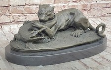 Signierte Barye Schwarze Panther Angriff Alligator Bronze Marmor Skulptur Statue