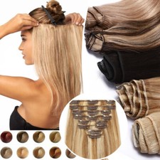 100% Echthaar Clip In Remy Haarverlangerung Extensions Glatt 8Tressen Dick Blond