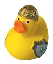 Ritter Ente Hobbyente Quietscheente Badeente ca. 8 cm gross Helm Schwert Schild