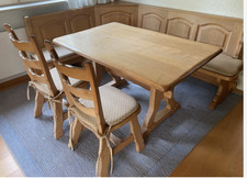 Eckbank Eiche massiv, rustikal (167x211 cm), mit Tisch (135x90 cm) und 3 Stühlen