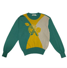 BALENCIAGA 90s Vintage Floral Knit Sweater Emerald Green Yellow Rose Pattern L