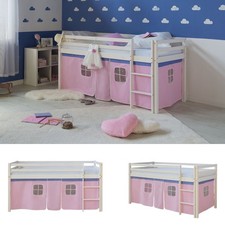 Hochbett 90x200 Kinderbett Weiß Mädchen Stockbett mit Vorhang Rosa Homestyle4u