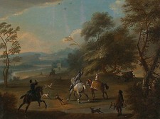 A Hawking Party Jan Wyck Falken Jagd Pferde Reiter Hunde Park Bäume B A3 02478