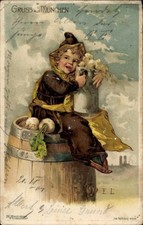 Künstler Präge Litho München, Münchener Kindl, Bierfass, Radi,... - 11067677