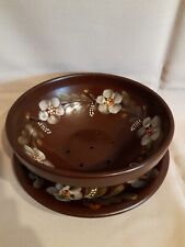 Keramik Durchschlag-  Abtropfschale m. Unterteller braun Handgemalt 2-teilig