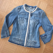 LIU JO Biker JEANS JACKE Blau mit LEDER KETTE WEIß 3/4 Arm Fransen STRETCH Gr S