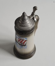 Steingut Keramik Bierkrug m. Zinndeckel Motiv Norwegen Wikingerschiff Handarbeit