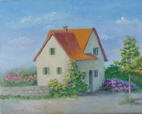 öl gemälde haus dorf blumen - haus,