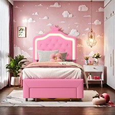 Polsterbett Jugendbett Kinderbett mit LED Bettgestell Stauraumbett Rosa 90x200cm