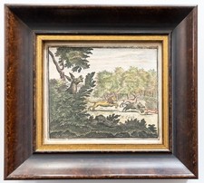 Miniatur Kupferstich Fabel de la Fontaine Esel Cause koloriert Rahmen 1728