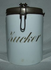 Aufbewahrungsdose, Vorratsdose, weiß mit Deckel, rund, Aufschrift Zucker, alt