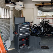 Werkstattwagen Werkzeugwagen + Aufsatz große Tür Werkzeugkiste blau 4 Schubladen