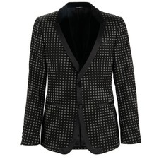 DOLCE & GABBANA Brokat Samt Tuxedo Blazer Jacke m. Polka Dot Print Schwarz Weiß