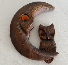 Holz Deko Halb Mond Sichel Eule Wand Aufhängung Figur Dekoration Augen Maserung
