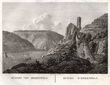 Bingen Ehrenfels Original Kupferstich Roux 1826